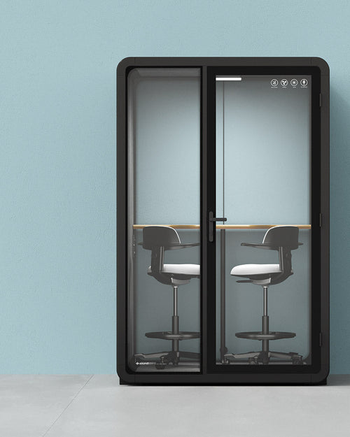 Quell - CoWorker - 2 Person Pod, Dual Zoom Room + Device Shelf + 2 Barstools