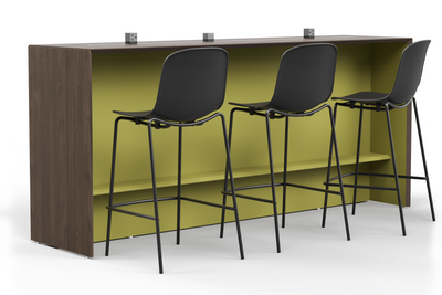 Skanfor Collaborative Breakfast Bar, angled view of the walnut wood external, olive green internal, single sided bar.